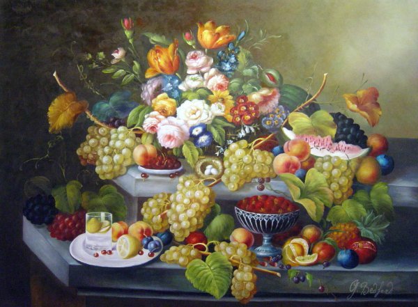 A Still Life With Fruit And Flowers. The painting by Severin Roesen
