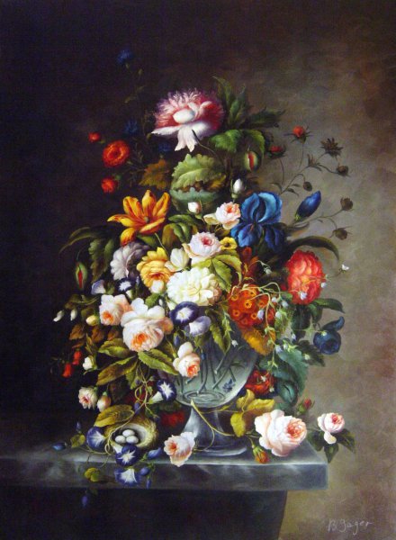 Floral Still Life With Bird's Nest. The painting by Severin Roesen