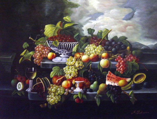 Fruit Still Life With Wine Glass In A Landscape. The painting by Severin Roesen