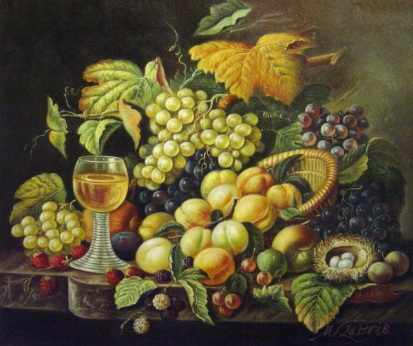 Still Life With Fruit, Bird's Nest And Wine Glass. The painting by Severin Roesen