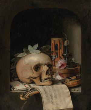 Simon Renard De Saint Andre, Vanitas Still Life with Wreathed Skull, Painting on canvas