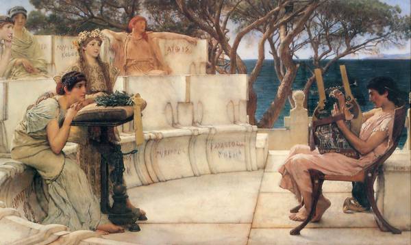 Alcaeus Playing the Kithara for Sappho . The painting by Sir Lawrence Alma-Tadema
