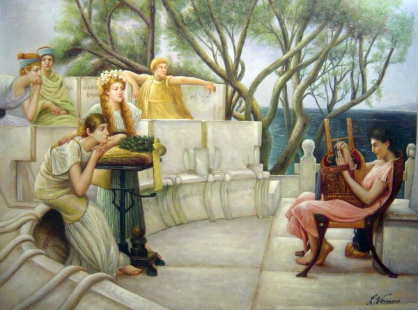 Sappho And Alcaeus. The painting by Sir Lawrence Alma-Tadema