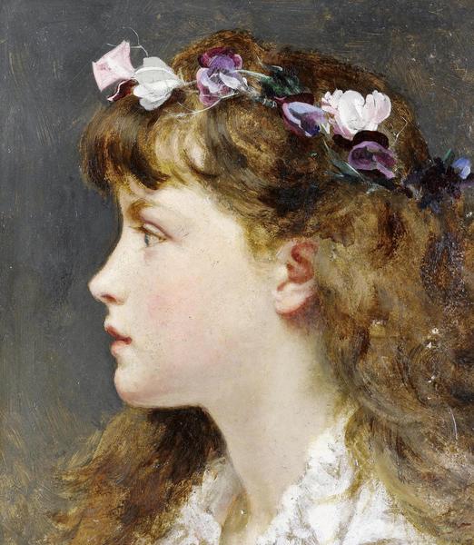 Young Girl with a Garland of Flowers in Her Hair. The painting by Sophie Anderson