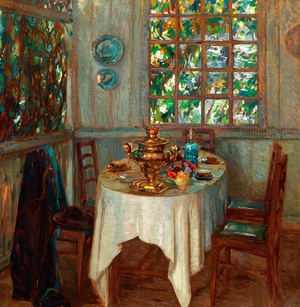 Stanislav Yulianovich Zhukovsky, An Interior with Samovar, 1914, Painting on canvas