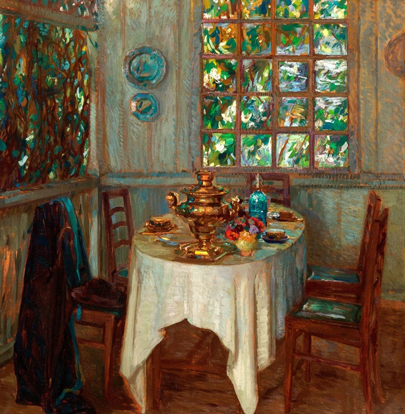 An Interior with Samovar, 1914. The painting by Stanislav Yulianovich Zhukovsky