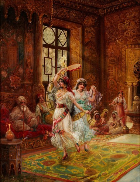 Harem Interior with Dancing Women. The painting by Stephan Sedlacek