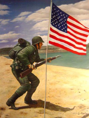 Our Originals, The Army Soldier With American Flag, Painting on canvas