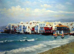Our Originals, The Shoreline Of Beautiful Mykonos, Painting on canvas