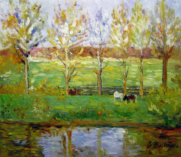 Cows By The Stream. The painting by Theodore Clement Steele