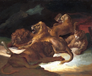 Theodore Gericault, Lions in a Mountainous Landscape, Painting on canvas
