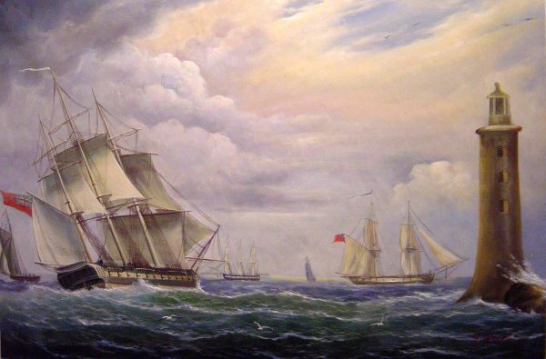 Frigate And A Naval Brig Passing The Eddystone Lighthouse. The painting by Thomas Hornbrook
