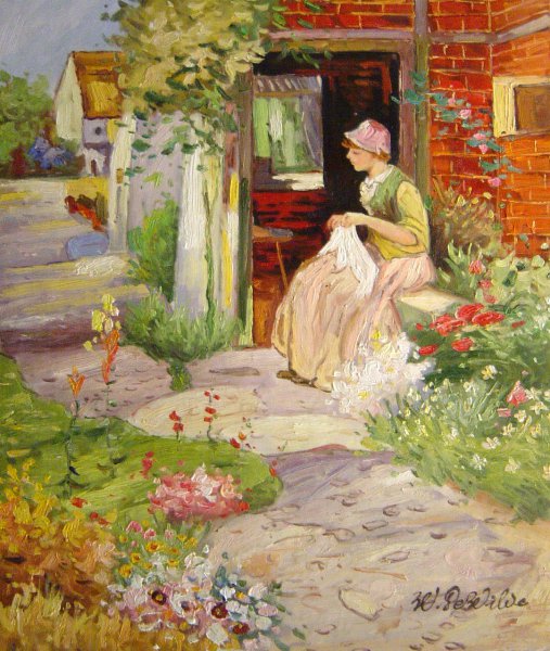 Girl Sewing At The Door Of A Cottage. The painting by Thomas MacKay