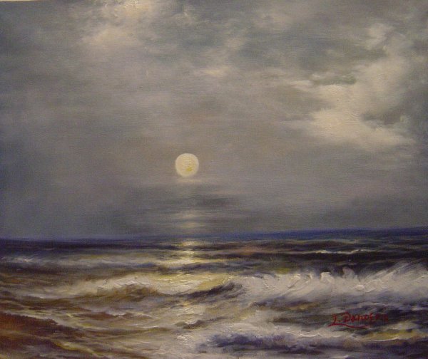 Moonlit Seascape. The painting by Thomas Moran