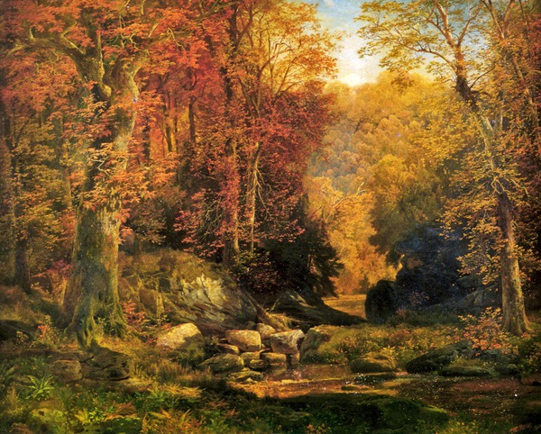 A Woodland Interior with Rocky Stream. The painting by Thomas Moran