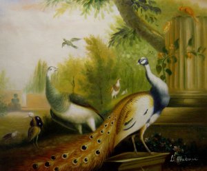 Peacock and Peahen With A Red Cardinal In A Classical Landscape
