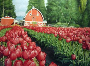 Our Originals, Tulips And Barn, Painting on canvas