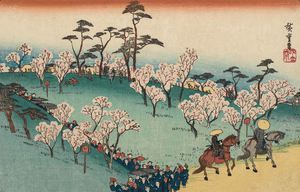 Reproduction oil paintings - Utagawa Hiroshige - Cherry Blossom Viewing at Asuka Hill
