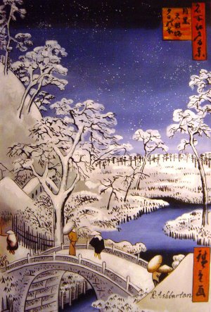 Utagawa Hiroshige, Drum Bridge At Meguro, Painting on canvas