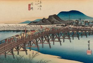 Utagawa Hiroshige, Okazaki: Yahagi Bridge , Painting on canvas