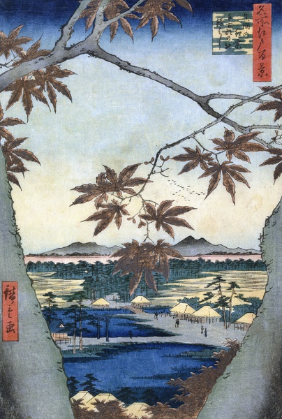 The Maple Leaves of Mama, Tekona Shrine and Tsugi Bridge. The painting by Utagawa Hiroshige