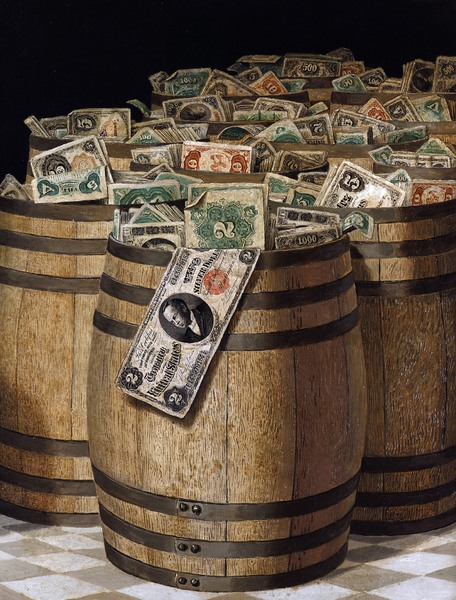 Barrels of Money 1. The painting by Victor Dubreuil
