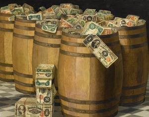 Victor Dubreuil, Barrels of Money 2, Painting on canvas