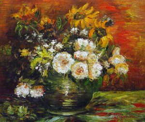 A Vase With Sunflowers, Roses And Other Flowers Art Reproduction
