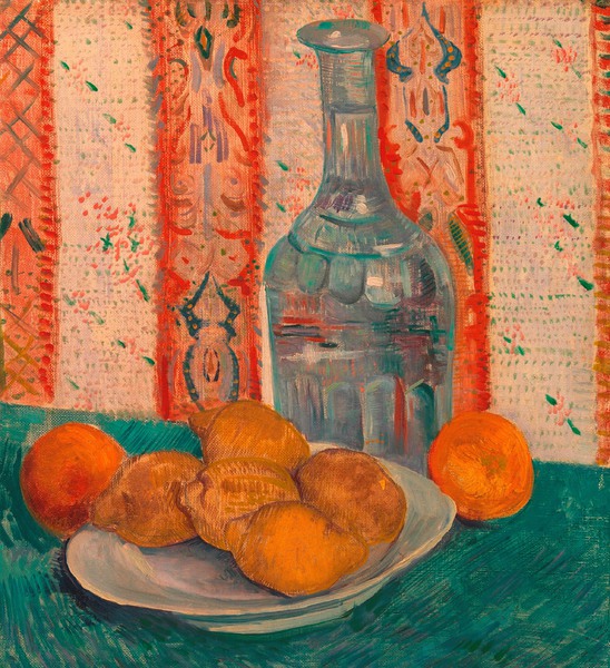 Carafe and Dish with Citrus Fruit . The painting by Vincent Van Gogh