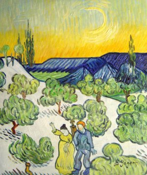 Landscape With Couple Walking And Crescent Moon