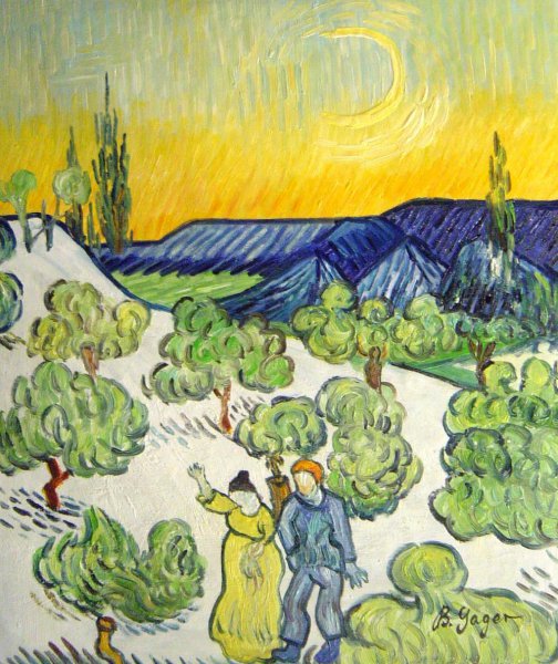Landscape With Couple Walking And Crescent Moon. The painting by Vincent Van Gogh