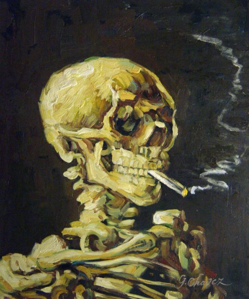 Skull With Burning Cigarette. The painting by Vincent Van Gogh