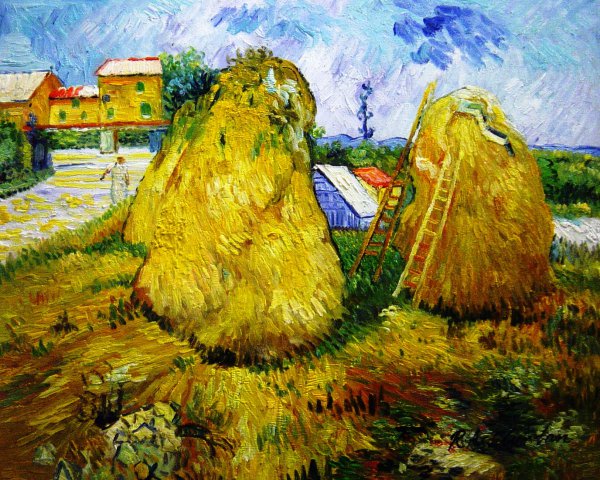 Stacks Of Wheat Near A Farmhouse. The painting by Vincent Van Gogh