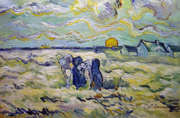 Two Peasant Women Digging In The Field With Snow. The painting by Vincent Van Gogh