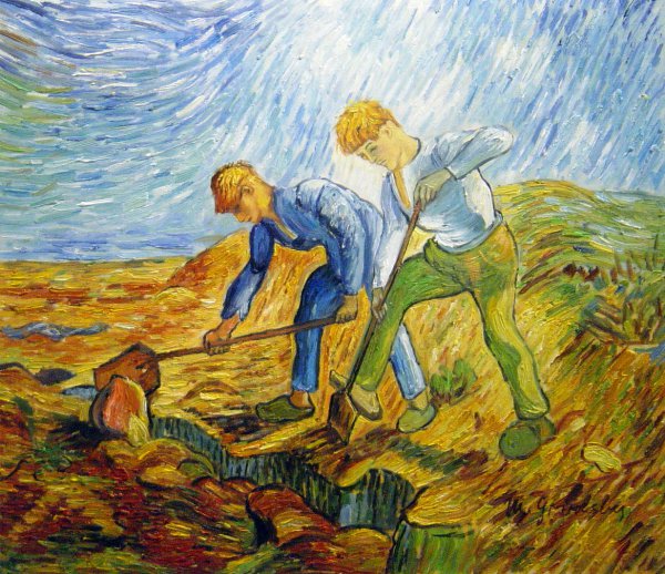 Two Peasants Digging (After Millet). The painting by Vincent Van Gogh