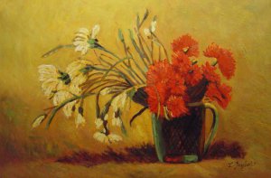 Vase With Red And White Carnations On A Yellow Background
