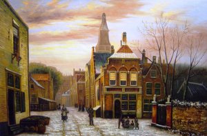A Wintery Scene - A Dutch Street With Numerous Figures
