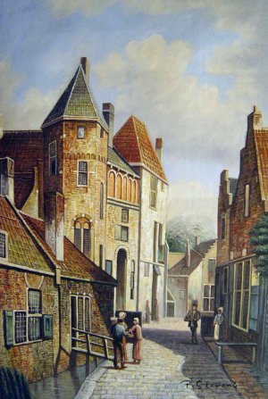 Willem Koekkoek, Dutch Town Scene With Figures, Painting on canvas