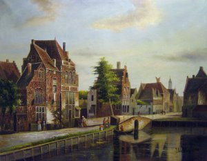 Willem Koekkoek, Figures By A Canal In A Dutch Town, Art Reproduction