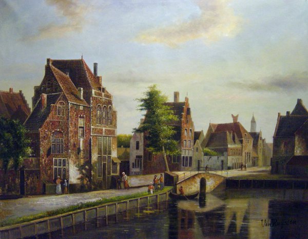 Figures By A Canal In A Dutch Town. The painting by Willem Koekkoek