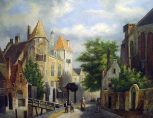 Willem Koekkoek, Figures In A Dutch Street, Painting on canvas