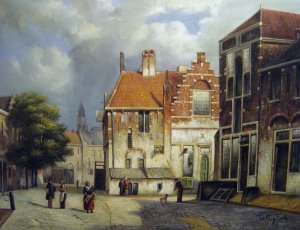 Famous paintings of Street Scenes: Figures In A Dutch Town Square