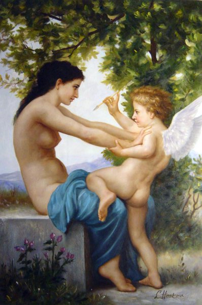 A Young Girl Defending Herself Against Eros. The painting by William-Adolphe Bouguereau