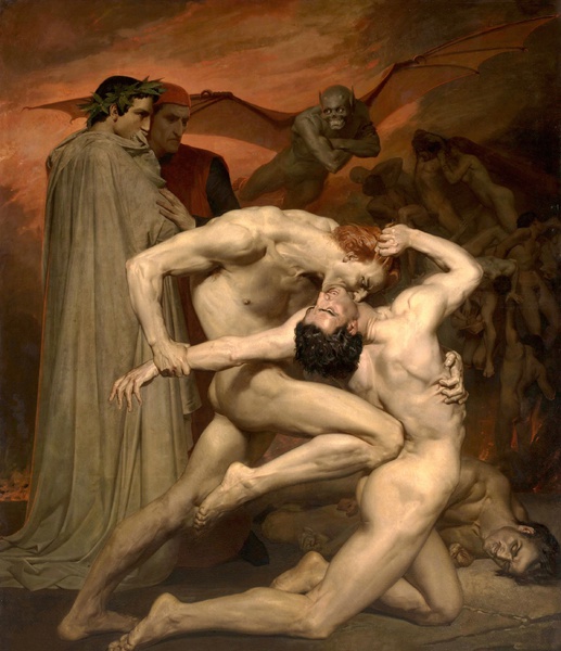 In Hell with Dante and Virgil. The painting by William-Adolphe Bouguereau