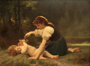 William-Adolphe Bouguereau, Nature's Fan - Girl with a Child, Painting on canvas