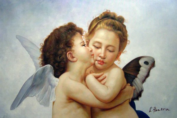 The First Kiss-Detail. The painting by William-Adolphe Bouguereau