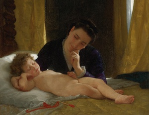 William-Adolphe Bouguereau, Young Mother Watching her Child, Painting on canvas