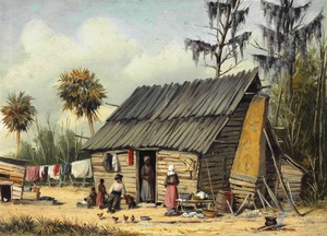 Cabin Scene with Washing on Fence