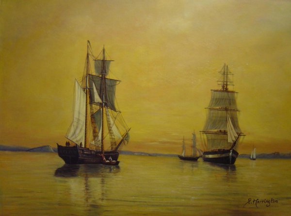 Ships In Boston Harbor At Twilight. The painting by William Bradford