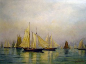 William Bradford, Sloops And Schooners At Evening Calm, Painting on canvas